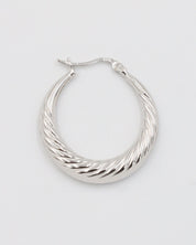 A single silver-colored hoop earring with a latch back clasp.