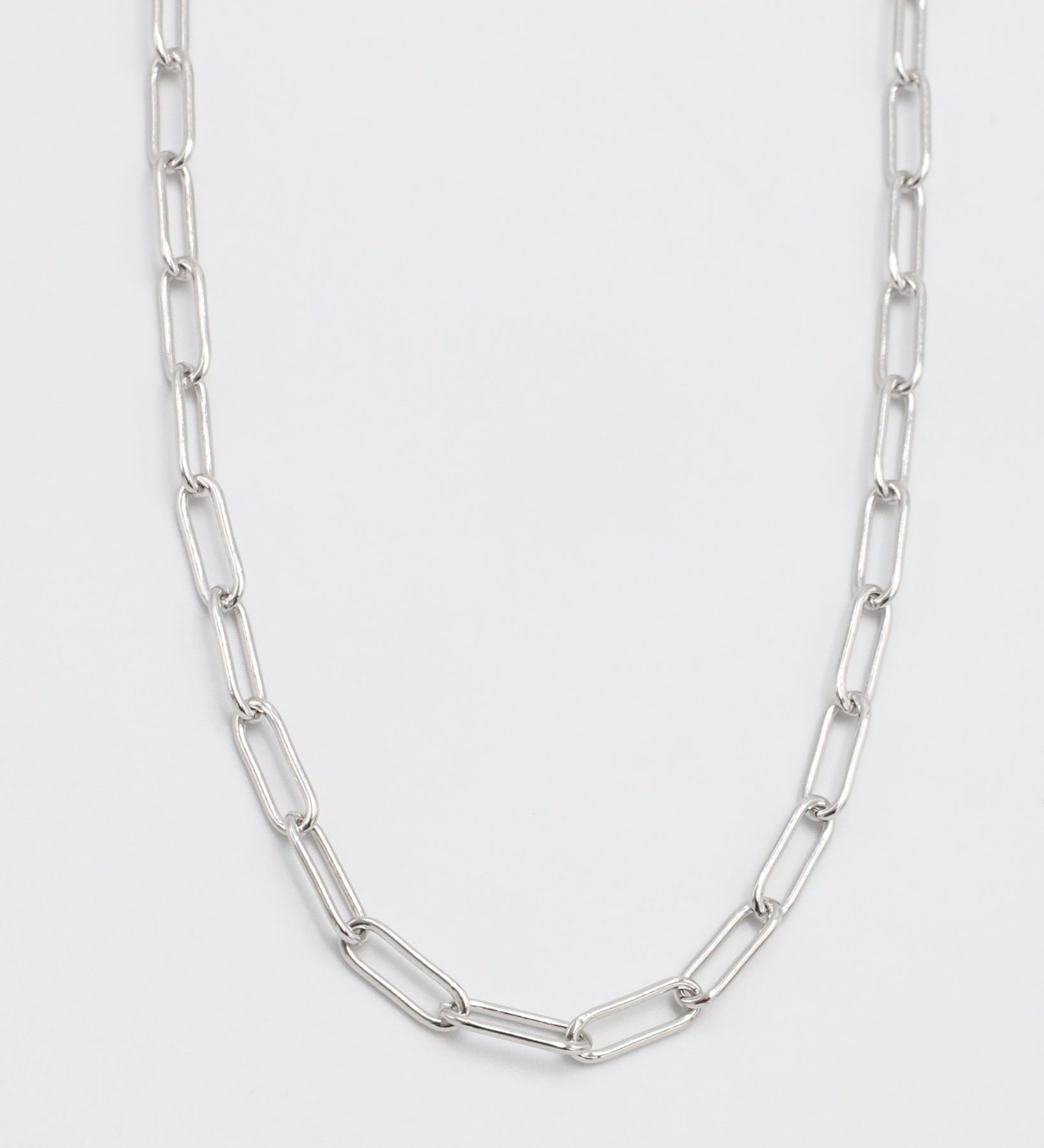 A silver-colored necklace with a chain link design, laid out on a plain background.