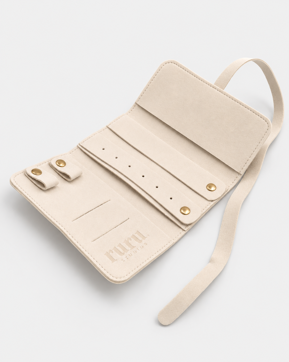 Travel Case Mini in cream, open with compartments