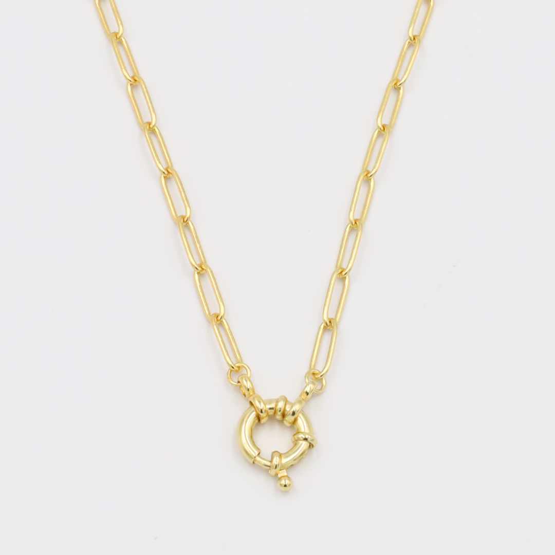 A gold-colored necklace with a link chain design and a clasp.