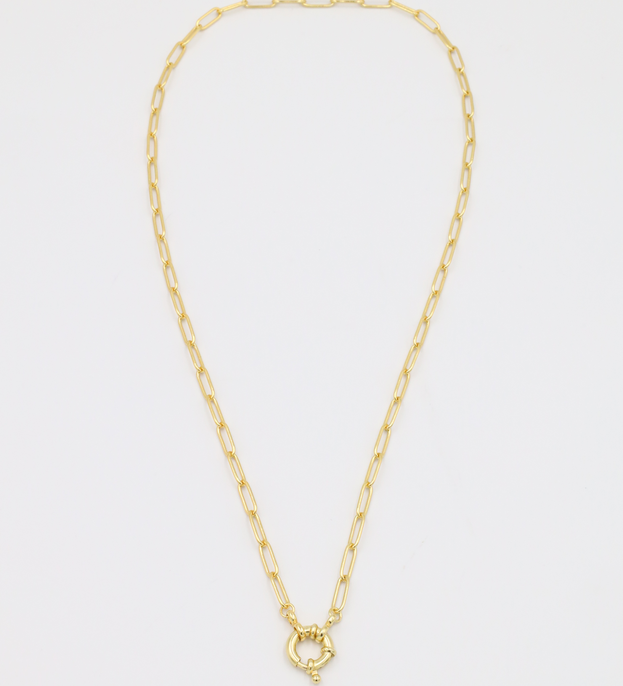 Full view of the gold-plated Hunter necklace with clasp.