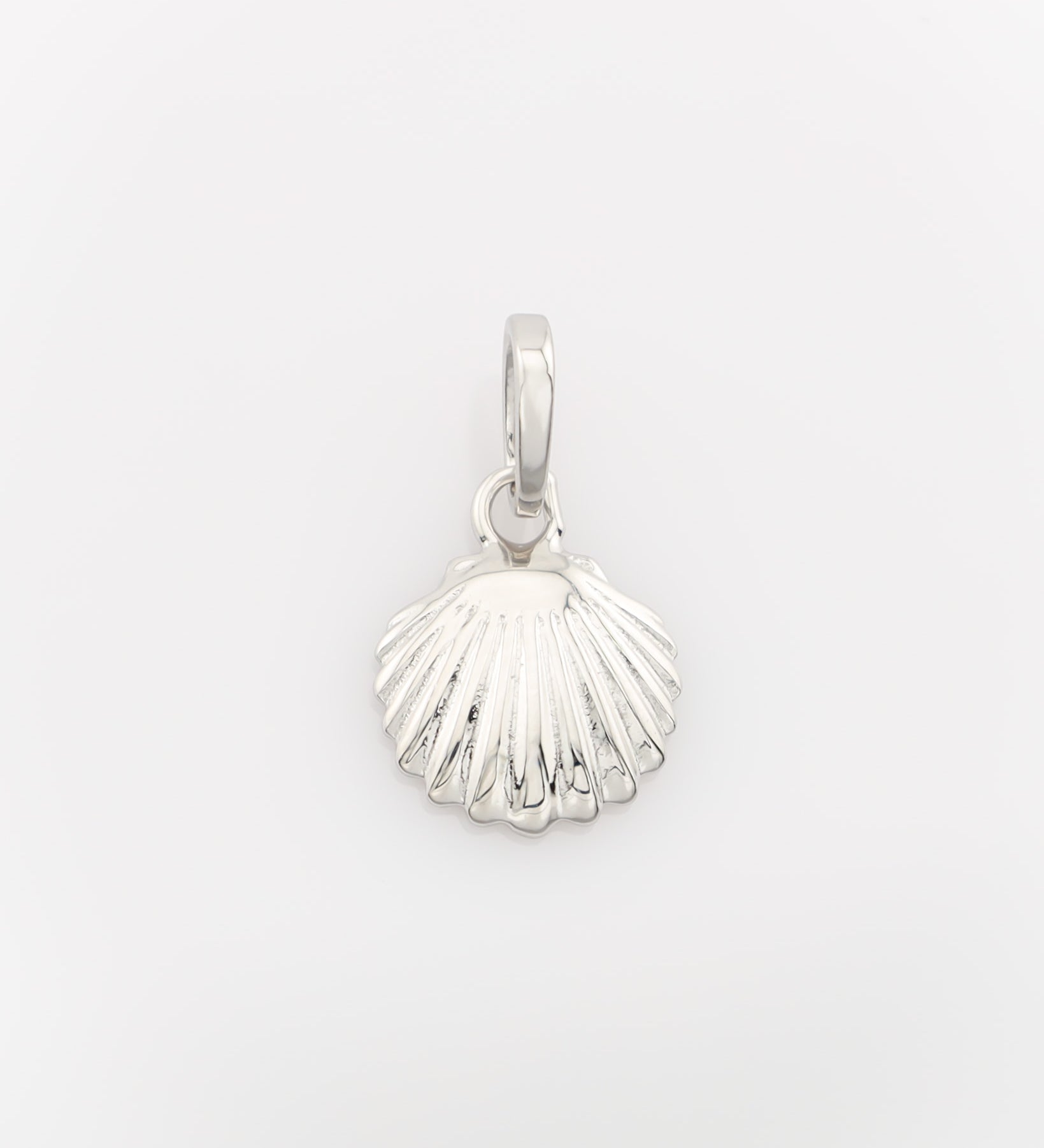 Silver shell pendant on a light gray background