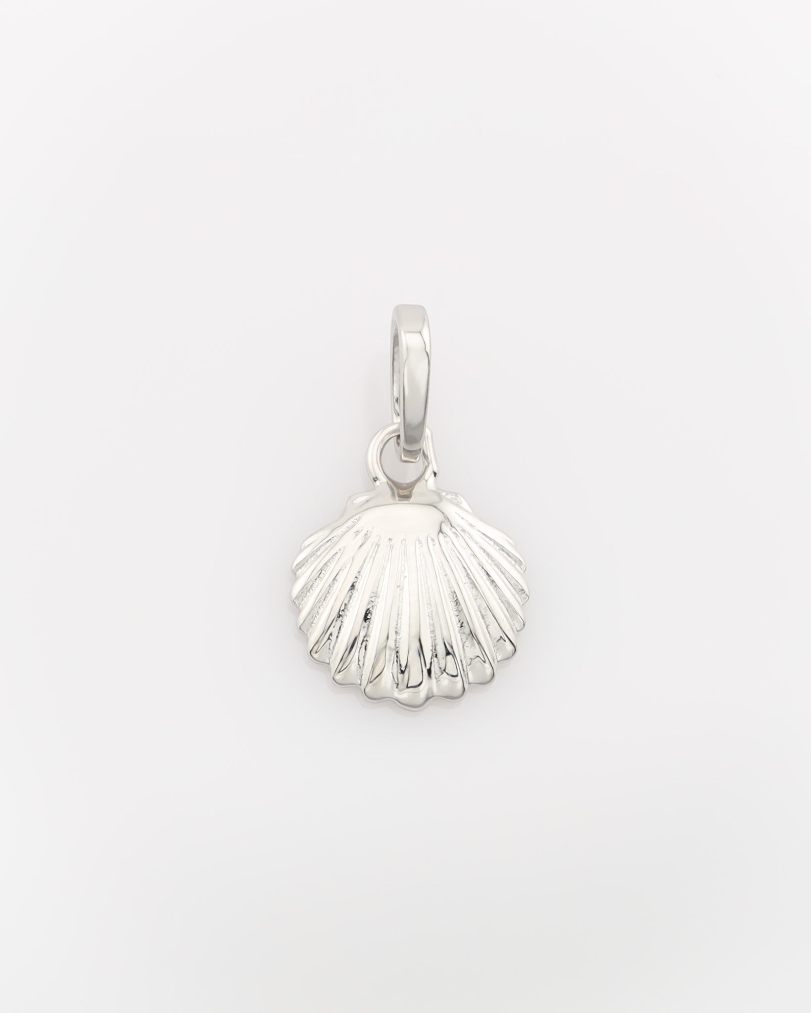 Silver shell pendant on a light gray background