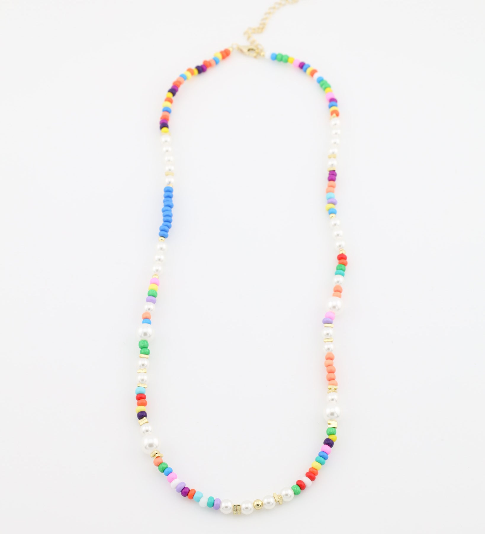 Colorful beaded necklace on a white background