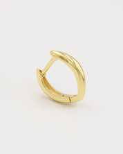 A single gold-colored hoop earring with a hinged clasp, displayed against a white background.