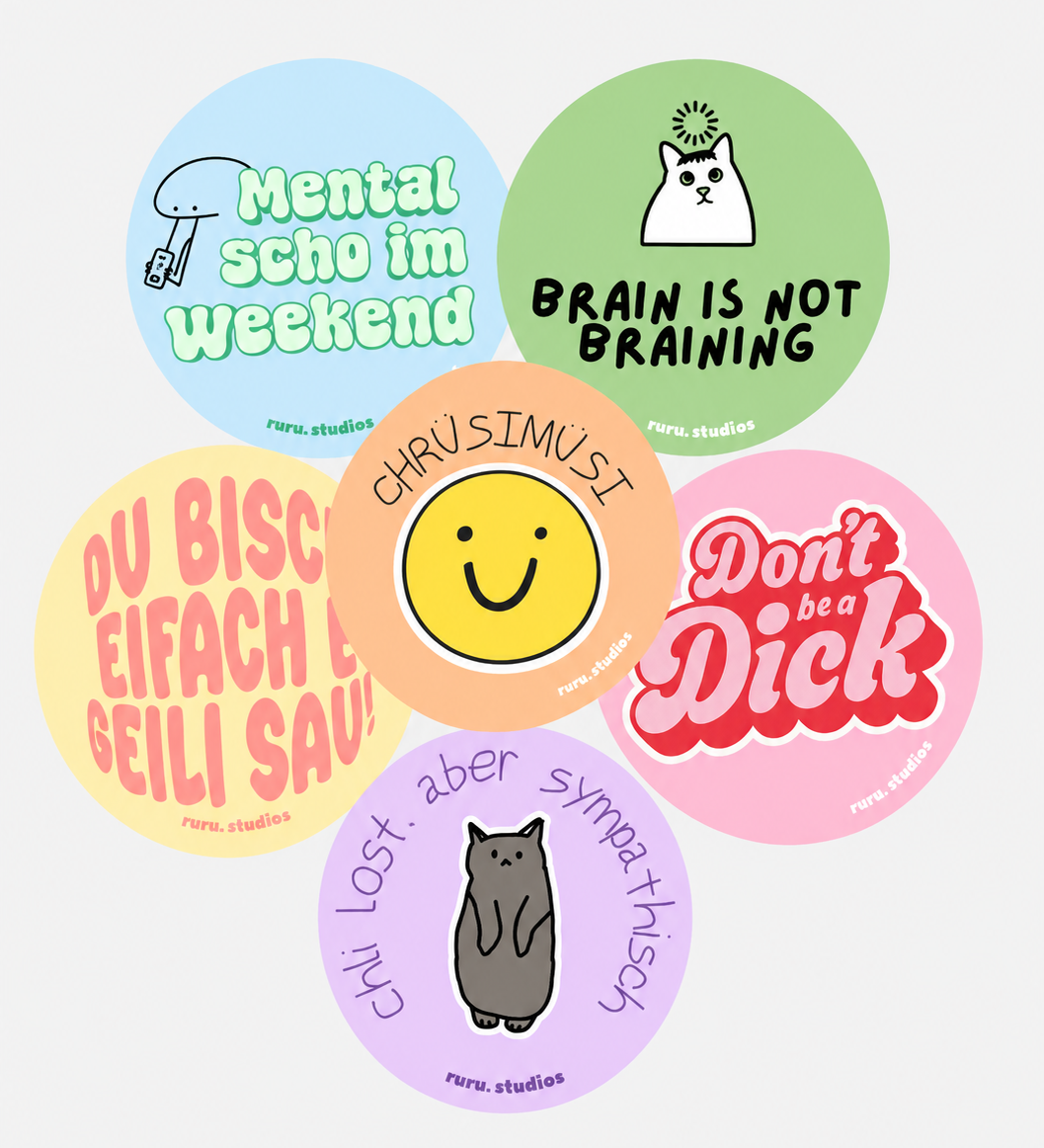 Five circular sticker designs arranged in a cluster on a light gray background. The stickers feature colorful text and simple illustrations, including a smiling face, a cat, and phrases like 'Mental scho im weekend' and 'Brain is not Braining'.