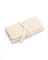 A beige travel case with a tie-up closure, designed for storing jewelry.