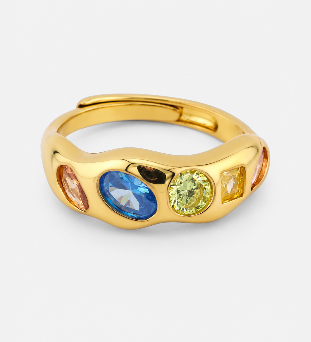Yumi Ring in gold-plated 925 sterling silver with an organic shape and colourful blue, green, yellow and pink stones