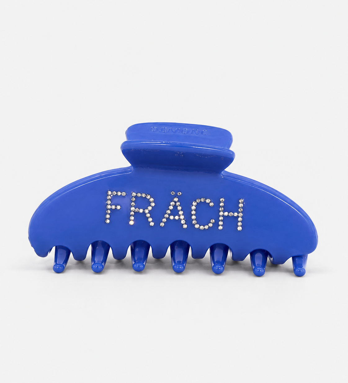 FRÄCH Hairclip in blue with rhinestone lettering by ruru. studios x DEMOND