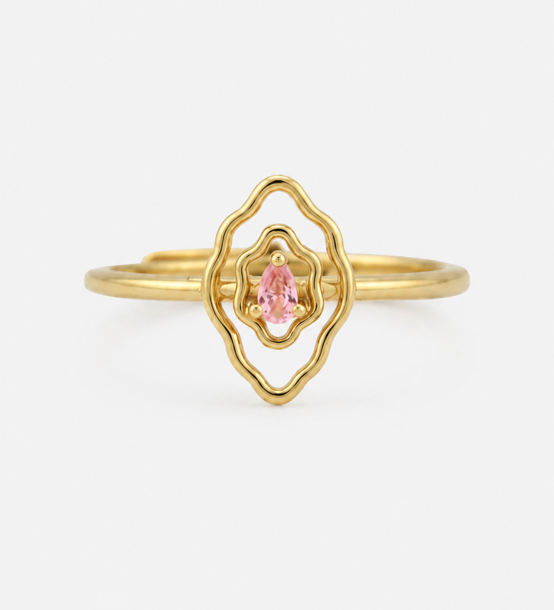 Mumu Ring in 18k gold vermeil with a vulva-inspired design and pink teardrop-shaped stone