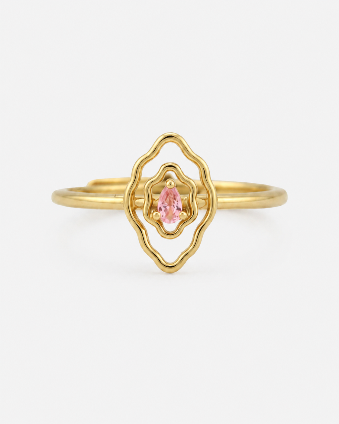 Mumu Ring in 18k gold vermeil with a vulva-inspired design and pink teardrop-shaped stone