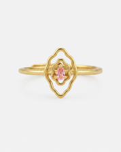 Mumu Ring in 18k gold vermeil with a vulva-inspired design and pink teardrop-shaped stone