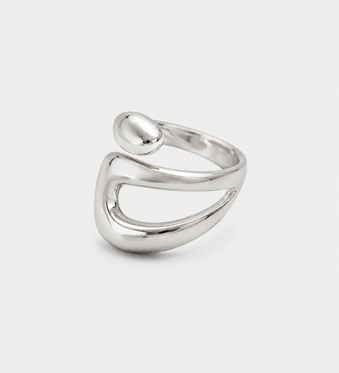 Rhodium plated adjustable open ring with sculptural design by ruru. studios