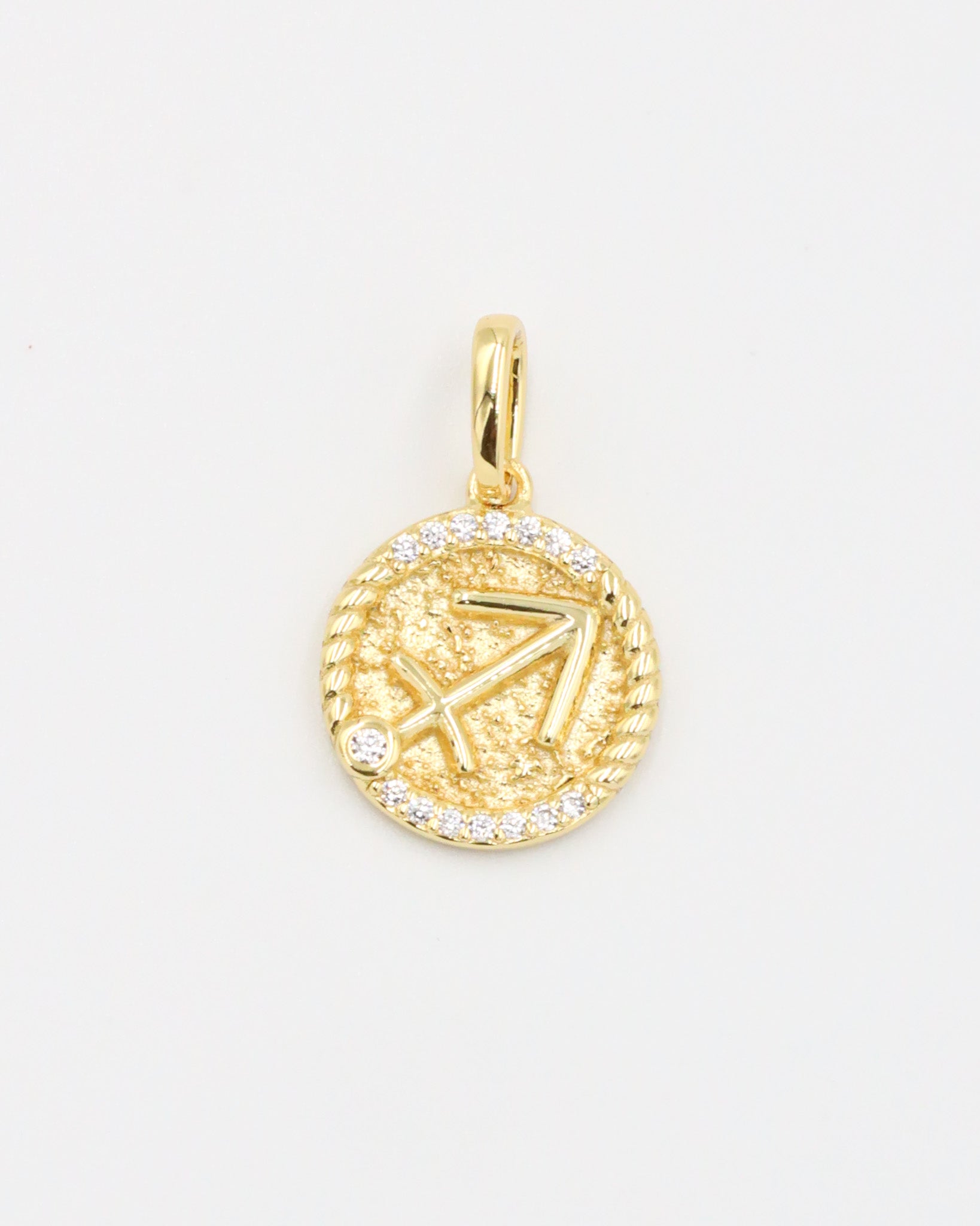 Gold-plated sterling silver Sagittarius zodiac pendant with sparkling zirconia stones.
